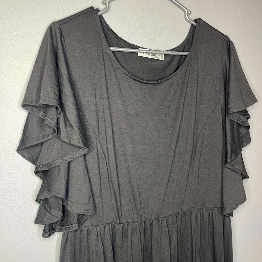 Nemidor Black Ruffle Sleeve Midi Dress Size 16 with pockets Stretch - Picture 2 of 8